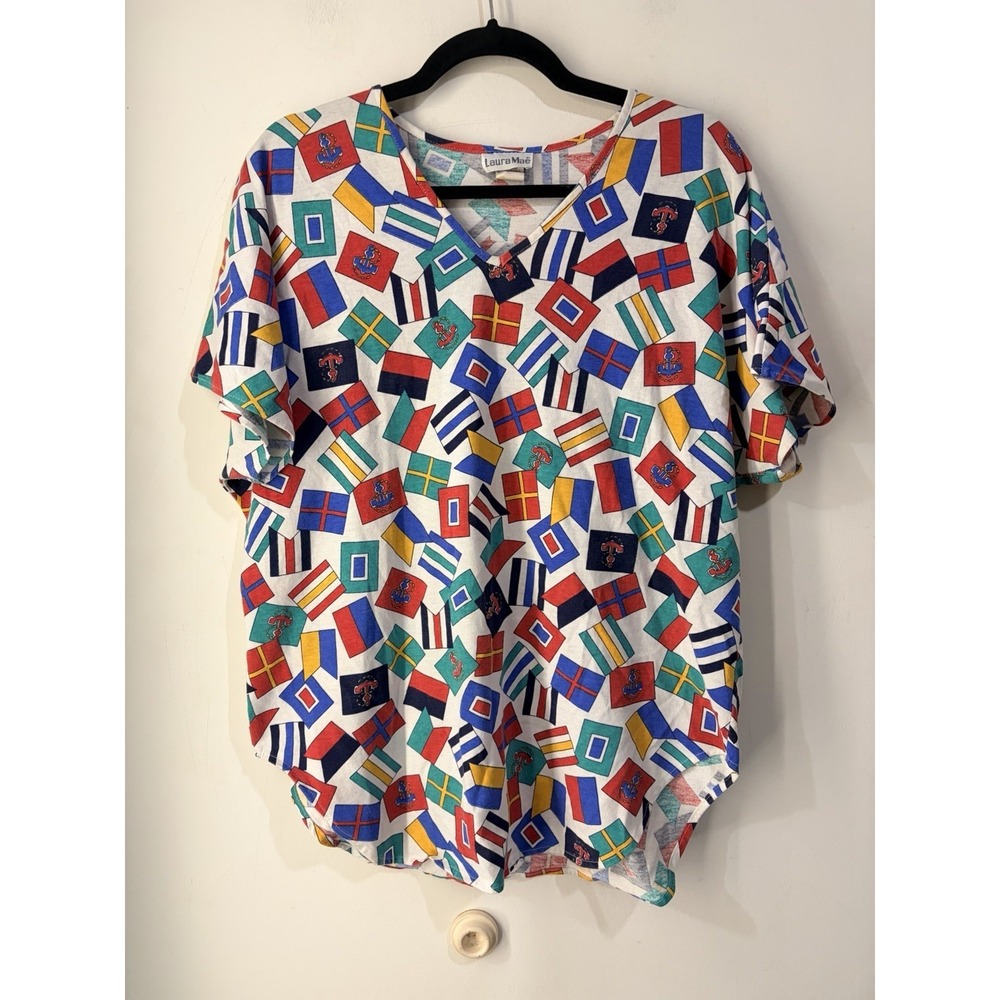 Vintage‎ Laura Mae Nautical Signal Flag Print Blouse Top USA Women's Large